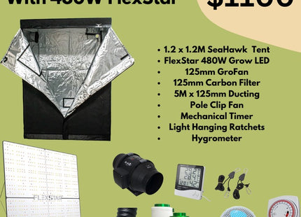 "The Grower" 1.2M x 1.2M Tent Starter Kit with FlexStar 480W